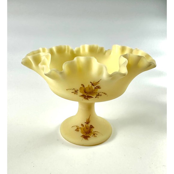 Vintage Signed Fenton Custard Glass Ruffled Crimped Compote Bowl Chocolate Roses - Picture 3 of 11